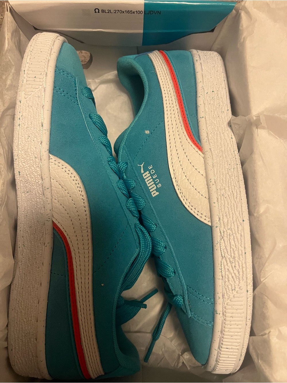 Puma Turquoise Suede Sneakers with White and Red Accents Kool Aid